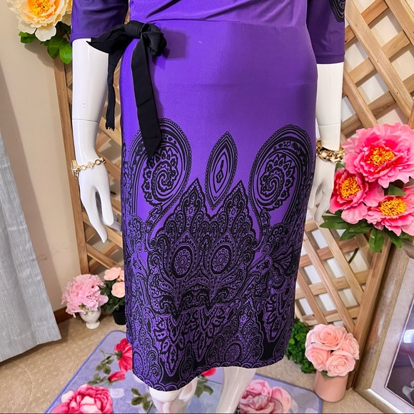 Charlie Brown V-Neck Midi 3/4 Sleeves Dress Midnight Blue Violet w Black Pattern - Picture 6 of 14